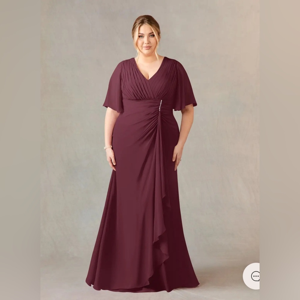 Azazie Burgundy V-Neck Ruched Side Drape Maxi Gown
